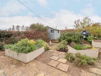 A garden with raised flower beds a small shed and a birdbath at Adderstone Cottage in Bamburgh