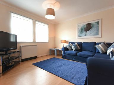 A living room with blue sofas and a blue rug a television on a stand and a framed picture on the wall at Beachcomber Apartment in Bamburgh