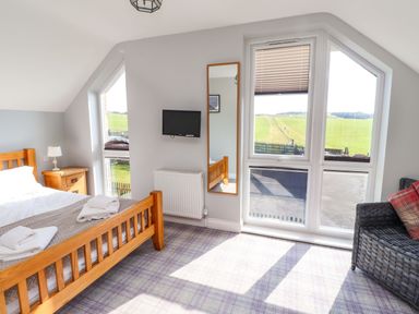 A bedroom with a bed and a television at Pipistrelle in Bamburgh