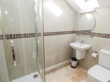 A bathroom with a shower, wash basin, and toilet at Goosander in Bamburgh
