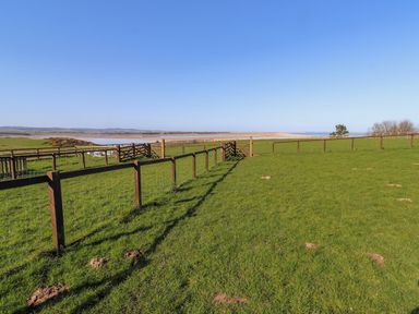 An outdoor area with grass and a fence at Goosander in Bamburgh