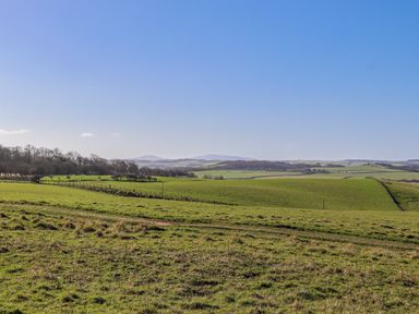 A grassy landscape with hills and trees at Goosander in Bamburgh