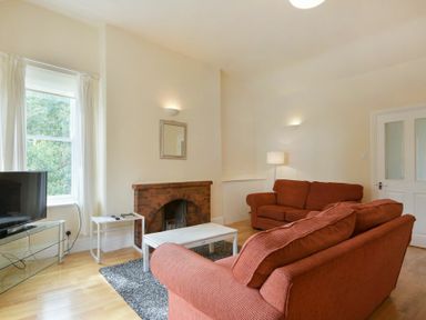 A living room with two sofas a fireplace and a television at Decked Out in Alnmouth