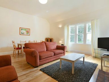 A living room with orange sofas a wooden coffee table a dining table with chairs a television and a large window at Decked Out in Alnmouth