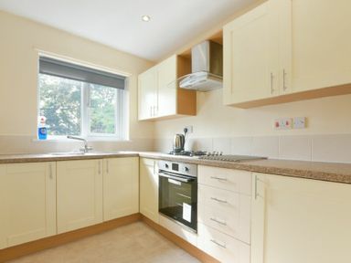 A kitchen with cabinets a gas stove an oven a kettle and a window with a blind at Decked Out in Alnmouth