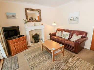 A living room with a brown leather sofa a wooden coffee table a fireplace and a television on a wooden chest at Arcadie in Amble