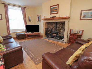 A living room with two leather sofas a fireplace and a television at Riverside Cottage in Warkworth