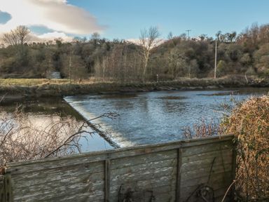 A river with a small waterfall surrounded by trees and bushes at Riverside Cottage in Warkworth