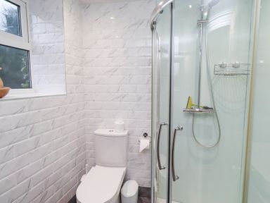 A bathroom with a shower and toilet at Riverside Cottage in Warkworth