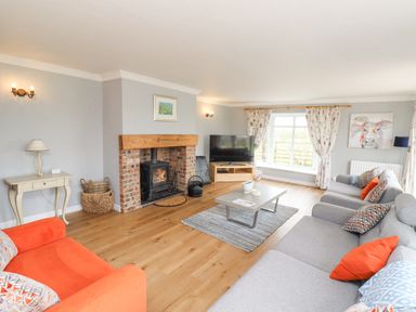 A living room with a fireplace a television sofas and a coffee table at Jara in Bamburgh
