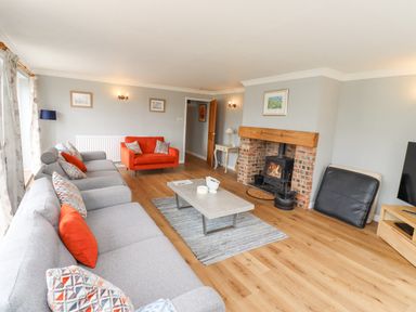 A living room with a gray sofa and orange armchair a coffee table on a rug and a fireplace at Jara in Bamburgh