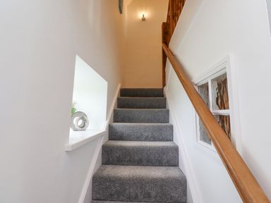 A staircase with grey carpet and wooden handrail in a hallway at Jara in Bamburgh