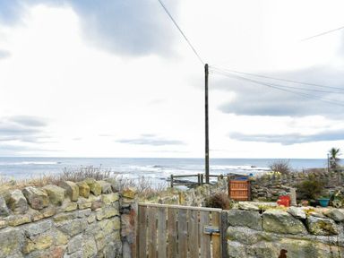 A stone wall enclosing a garden with a wooden gate and the sea in the background at Creel Cottage Amble