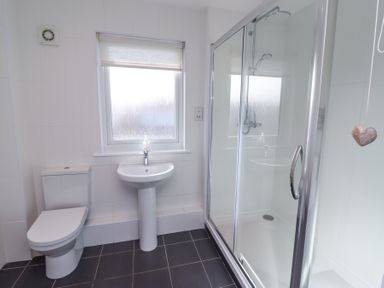 A bathroom with a toilet a pedestal sink and a glass-enclosed shower at Rathowen in Beadnell