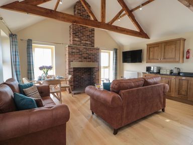 A living area with brown sofas a brick fireplace a dining table with chairs wooden cabinets and a wall mounted television at Smithy Cottage in Embleton