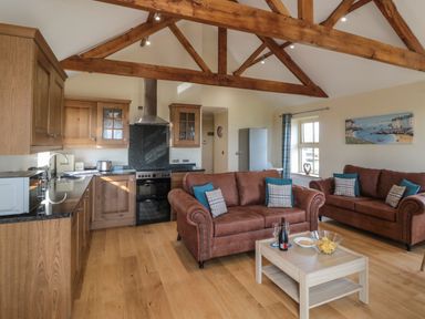 An open kitchen and living room with wooden beams a stove two sofas and a coffee table at Smithy Cottage in Embleton