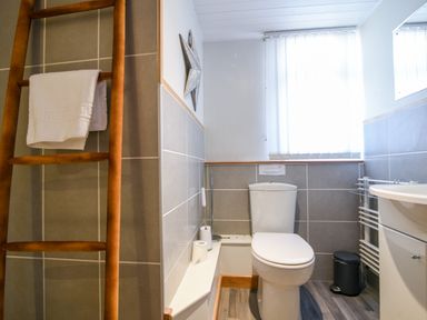 A bathroom with a toilet towel ladder and sink at The Penthouse @ No 5 in Lyme Regis