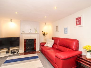 A living room with a red leather sofa a fireplace a television on a stand and framed pictures on the wall at Pebble Reef in Easton Portland
