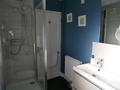 A bathroom with a glass shower enclosure a white sink under a mirror and a white door with a towel hanging on it at Pebble Reef in Easton Portland