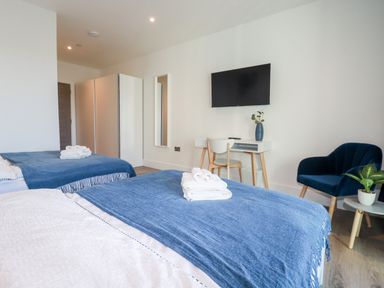 A bedroom with two beds covered with blue blankets a wall-mounted TV a desk with a chair a blue armchair and a small table with a plant at 33 Cliff Edge in Newquay