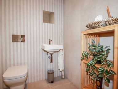 A bathroom with a toilet sink and wooden shelving with a plant and basket at 33 Cliff Edge in Newquay