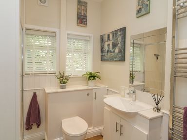 A bathroom with a toilet sink cabinet two windows with blinds and paintings on the wall at Raven Cottage in Downderry