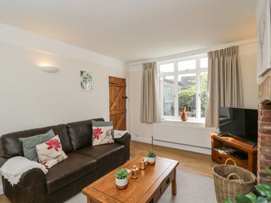 A living room with a brown leather sofa pillows a wooden coffee table with plants a television on a wooden stand and a large window at 2 Church Street in Chipping Norton