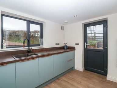 A kitchen with a sink under a window and a door leading outside at Palace Farmhouse in St Weonards