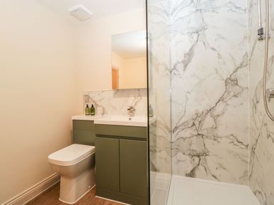 A bathroom with a toilet sink and shower with marble walls at Palace Farmhouse in St Weonards