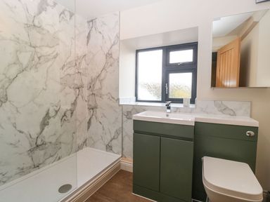 A bathroom with a walk-in shower a green vanity with a white sink a frosted window and a wall mirror at Palace Farmhouse in St Weonards