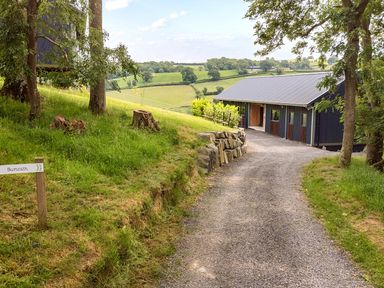 A gravel path leading to a house with trees on the side at Bwncath in Garthmyl