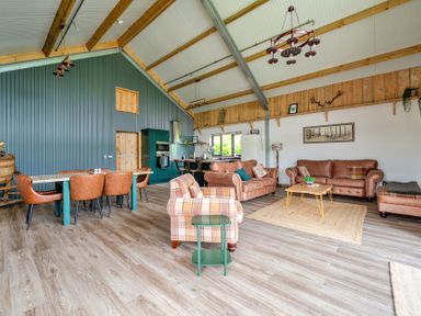 A living room with furniture and kitchen area at Bwncath Garthmyl