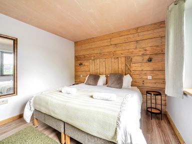 A bedroom with a bed and a mirror at Bwncath in Garthmyl