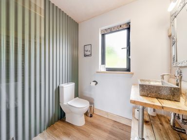 A bathroom with a toilet and sink at Bwncath in Garthmyl