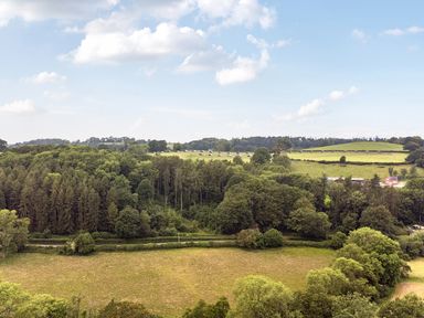 A landscape view with trees and fields at Bwncath Garthmyl