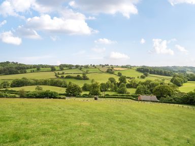 A landscape with fields and trees at Bwncath in Garthmyl