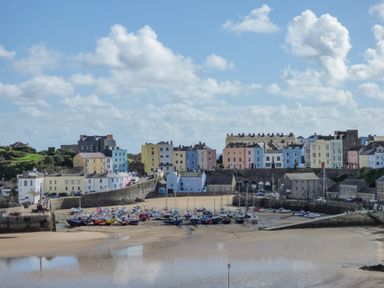 A harbor with boats on the sand and pastel-colored buildings in the background at 1 St Marys Court in Tenby
