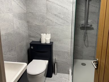 A bathroom with a toilet holding toilet paper rolls a shower with glass door and a wooden door at 1 St Marys Court in Tenby