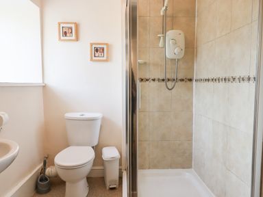 A bathroom with a toilet, a waste bin, a shower with tiled walls, and two framed pictures on the wall at Twelve Oaks Farmhouse in Teigngrace near Newton Abbot
