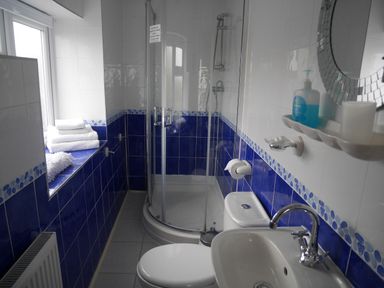 A bathroom with a shower enclosure toilet sink towels on a window ledge and soap dispenser at Fisherman's Cottage in Southwell