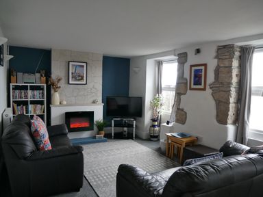 A living room with two black leather sofas a fireplace a television and a bookshelf at Fisherman's Cottage in Southwell