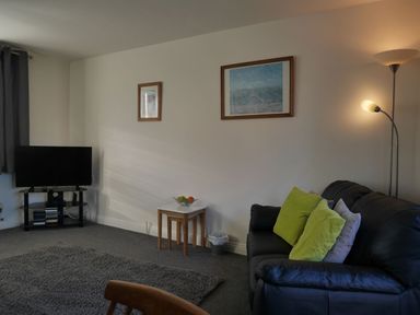 A living room with a black leather sofa with green and white cushions a floor lamp two framed pictures a TV on a stand two nesting tables with a fruit bowl and a rug at Cliffwalk Cottage in Southwell