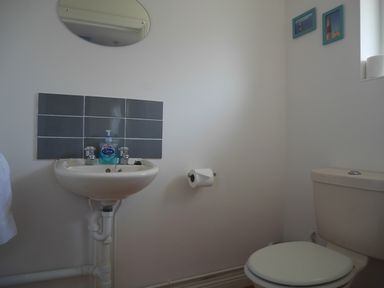A small bathroom with a sink and soap bottle a toilet and two framed pictures on the wall at Cliffwalk Cottage in Southwell