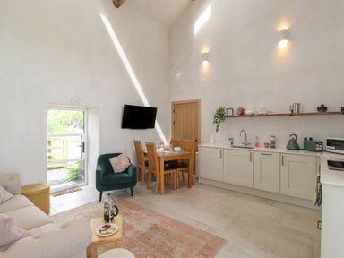 A kitchen and dining area with wooden dining table and chairs a green armchair a sofa and a wall mounted TV at Meadow Syke Barn in Bampton Cumbria