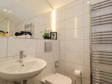 A bathroom with a sink toilet heated towel rack and toiletries at Meadow Syke Barn in Bampton Cumbria