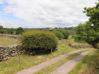 A country road with stone walls bushes and trees overlooking green fields and hills at Meadow Syke Barn in Bampton Cumbria