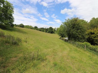 A grassy field with trees and a wire fence under a partly cloudy sky at Meadow Syke Barn in Bampton Cumbria