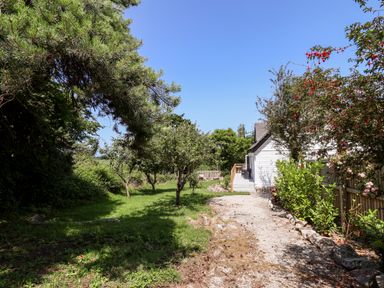A garden with a gravel path trees and bushes next to a white house at Melbecks in Abergele
