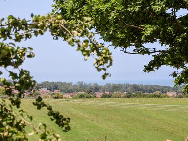 A view of green fields and houses framed by tree branches and leaves at Melbecks in Abergele