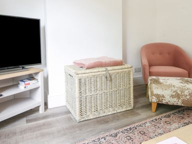 A room with a television on a stand a wicker basket with a blanket a pink armchair and a patterned rug at River Lym Cottage in Lyme Regis